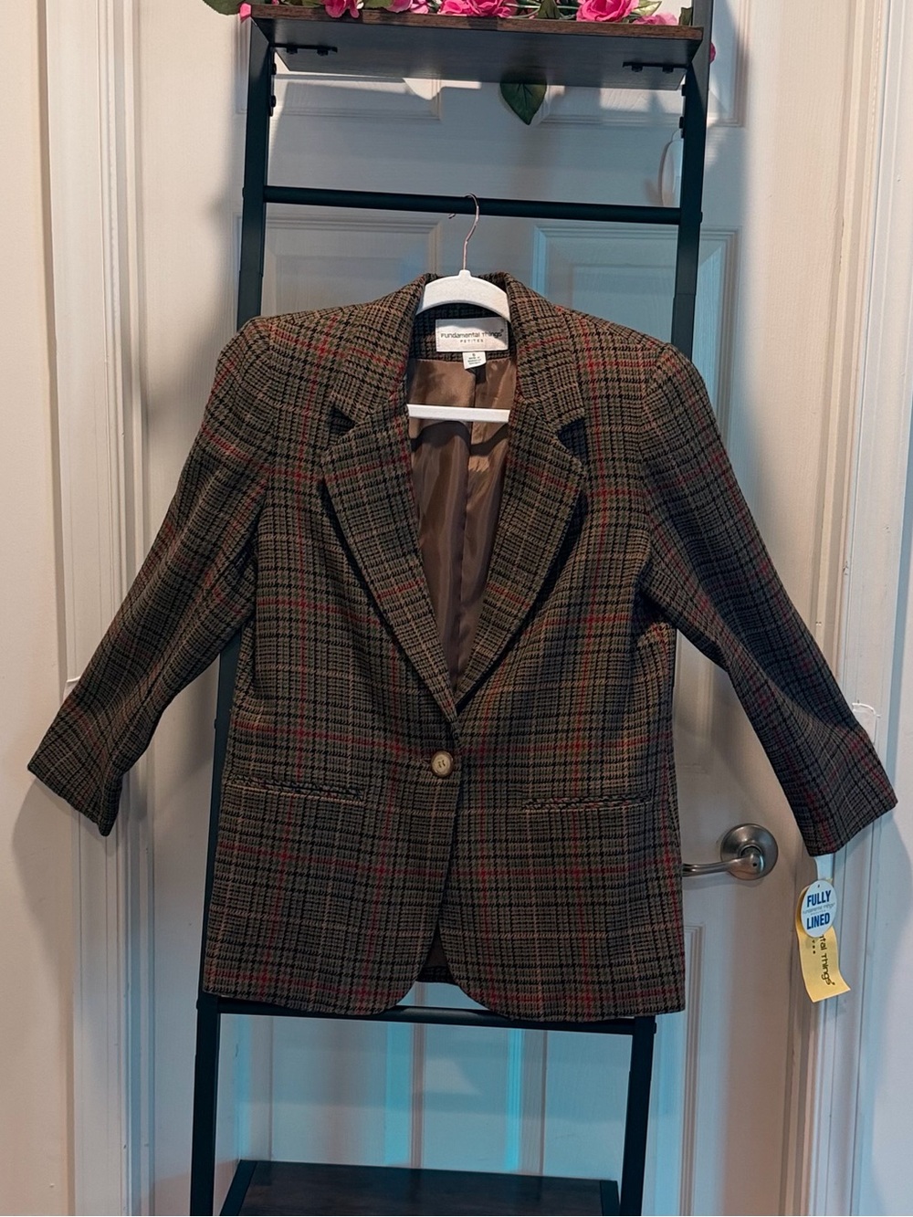 Vintage 90s Wool Fundamental Things Brown Plaid Blazer with Subtle Red Accent